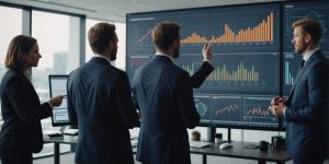 A data-driven professional sales team analyzing complex bar charts and performance analytics in a collaborative boardroom discussion.