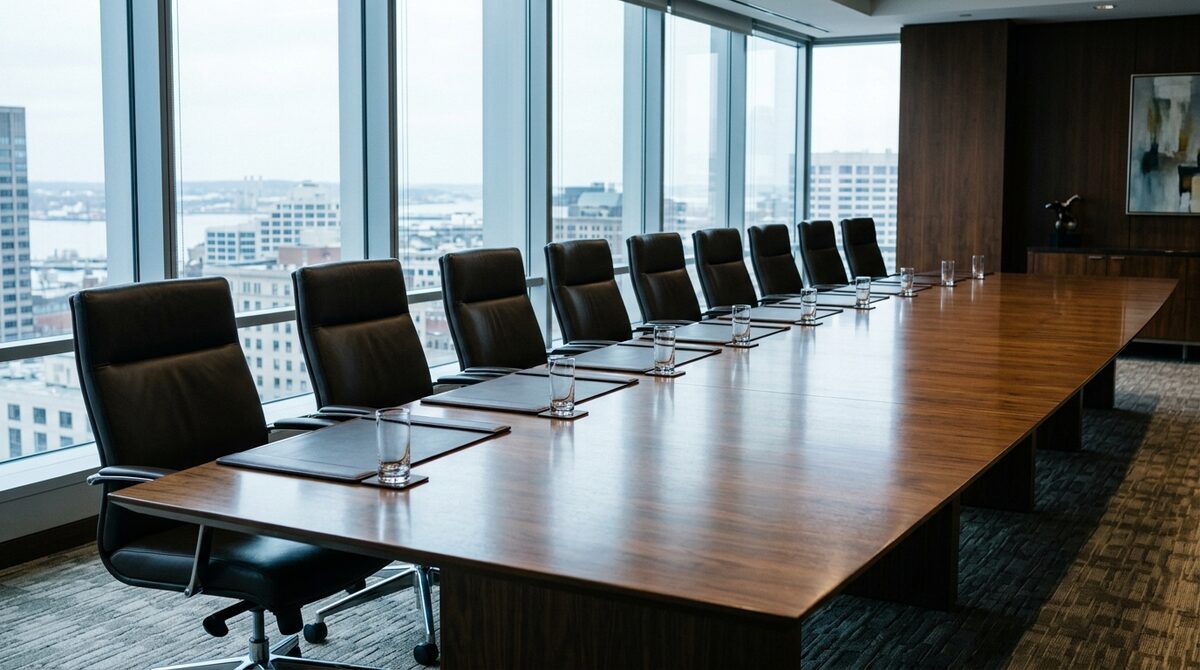 Row of empty chairs along one side of a boardroom table, the far side untouched, conveying a buying committee that never...