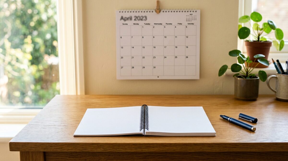 Desk at the start of a quarter: fresh notebook open to blank ruled pages, pen, and a wall calendar turned to a new month