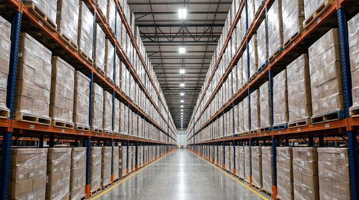 Full pallet racking receding down a warehouse aisle, freshly restocked and tightly wrapped, under bright overhead light