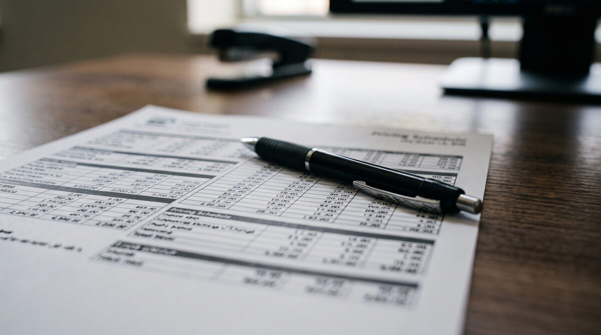 Close detail of a printed pricing schedule on a desk with a pen resting across it, figures blurred and unreadable,...