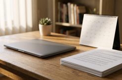 Desk calendar beside a closed laptop and a stack of printed quotations in a quiet office, morning light across the desk,...