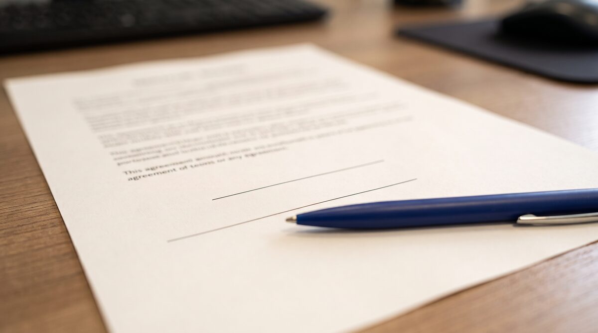 Close detail of a signature block on a printed agreement, pen laid beside it, signature area blank, shallow focus